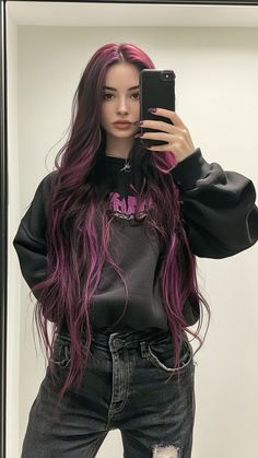 Lavender Ends Hair, Purple Hair With Black Underneath, Lavender Hair With Dark Roots, Purple Hair Layers, Dark Colored Hair Ideas, Pink And Purple Highlights On Black Hair, Dark Green Dyed Hair, Dipped Ends Hair Color, Purple Reddish Hair