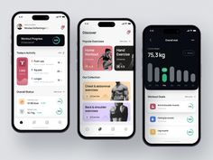 three iphones displaying the different workout app designs, each with their own user's profile