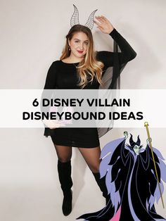 a woman in a black dress and devil horns with the words 6 disney villain background ideas