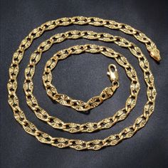 Brand New Mens Gold Etched Chain Link Necklace Details: Length 20" 4mm Genuine 18k 750 Italian Gold Plated Sterling Silver Retail Price $450 Buy With Confidence From A Trusted Seller With A 99%+ Feedback Rating! A0802 (Id-697) Elegant Cuban Link Rope Chain Necklace, Elegant Rope Chain Jewelry In Cuban Link Style, Gold Diamond Cut Chain Link Necklace, Antique Gold Chain For Men, Mens Fine Jewelry Gold Chain, Men’s Gold Chain Pendent, Luxury 22k Gold Link Chain Necklace, Mens Fancy Gold Chains, Layered Cross Necklace