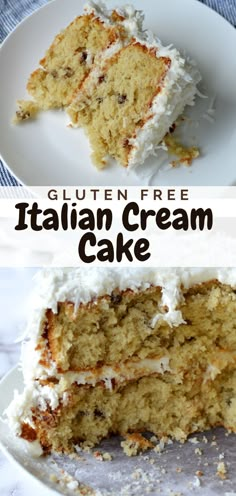 a slice of italian cream cake Moist Gluten Free Cake Recipes, Gluten Free Cakes Birthday, The Best Gluten Free Cake, Best Gluten Free Cake Recipe Ever, Best Cakes To Make, Gluten Free Cream Cheese Desserts, Gluten Free Cream Cheese Recipes, Gluten Free Pecan Cake, Gluten Free Torte