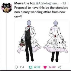 two people dressed up in wedding attire and one is wearing a tuxedo suit