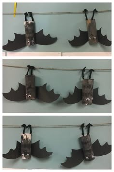 three pictures of the same bat hanging on a clothes line with some clips attached to it