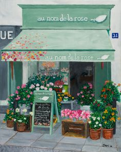 a painting of a flower shop with potted flowers