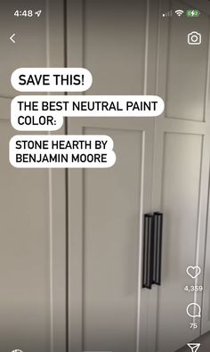 two white cupboards with stickers on them and one saying save this the best neutral paint color