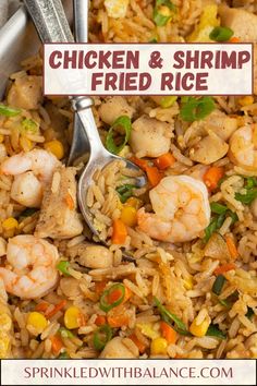 chicken and shrimp fried rice in a skillet with a spoon on the side text reads, chicken and shrimp fried rice