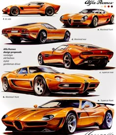 an orange sports car is shown in three different views, including the front and back