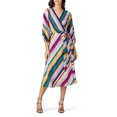 Multicolor striped georgette (100% polyester). Wrap. Long sleeve. V-neckline. Lined. Side pockets. 47" from shoulder to hemline. Imported. Striped V-neck Midi Dress For Work, Chic Multicolor Vertical Stripes Dress, Multicolor V-neck Wrap Dress For Vacation, Striped V-neck Midi Dress For Day Out, V-neck Dress With Vertical Stripes For Day Out, Striped Fitted V-neck Dress, Striped V-neck Lined Dresses, Chic Striped V-neck Dress, Casual Striped V-neck Midi Dress