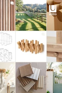 several different types of wooden furniture and accessories in various pictures, including wood slats