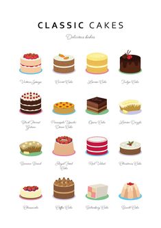 a poster with different types of cakes on it's sides and the words, classic cakes