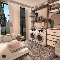 a living room filled with furniture and a washing machine