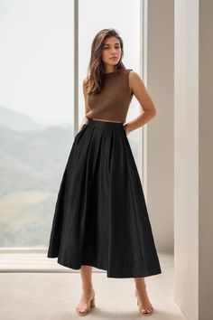 "you can wear it as a casual skirt for travelling, having a picnic with your friends, dating and shopping, Perfect for lazy days that you want to sustain a chic and stylish appearance. DETAIL * 100% linen  * Linen skirt, black Linen skirt * Organic Linen skirt * Right Side zip closure * Two side pockets * pleated waist detail * Back elastic waist, plus size skirt * Midi Linen skirt * Perfect for summer, spring, autumn MODEL SIZE Bust 85 cm(33.4\") Waist 67 cm(26.7\") Height 168cm (5' 6\") She wears size XS Choose CUSTOM Order if you * Can't find your size in our size Chart * Your Height is not Between 5'1\" - 5\"9\" * Your weight is over 80kg SIZE GUIDE Size vary between Brand and Country Please get your body measurement with our Size Guide And Find your size in our Size Chart SIZE CHART h Black A Line Skirt Outfit Casual, A Line Black Skirt Outfit, Casual Linen Midi Skirt, Midi Skirts Ideas, Black Peasant Skirt Outfit, Summer A-line Maxi Skirt With Pockets, Casual Black Linen Skirt, Black Skirt Outfit Ideas Summer, Summer Midi-length Pleated Skirt With Pockets