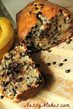 a banana and chocolate chip muffin cut in half