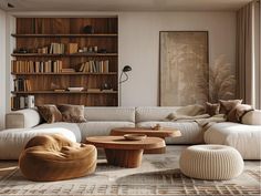 a living room filled with lots of furniture and bookshelves on the wall behind it