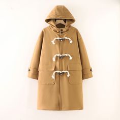 Women's Woolen Coat Mid-length Hooded Woolen Jacket with Horn Buttons Winter Raincoat With Pockets, Winter Beige Outerwear With Double-lined Hood, Fall Outerwear With Adjustable Hood, Beige Double-lined Hood Winter Outerwear, Fall Parka With Double-lined Hood And Long Sleeves, Brown Outerwear With Detachable Hood For Fall, Brown Fall Outerwear With Detachable Hood, Fall Brown Outerwear With Detachable Hood, Brown Spring Outerwear With Drawstring Hood