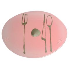 a pink plate with utensils and spoons drawn on the side in brown ink