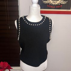 New! Black Sleeveless With Pretty Pearl Detail. Chic Sleeveless Sweater Vest, Spring Party Sweater Vest Sleeveless, Chic Black Tank Sweater Vest, Fitted Sleeveless Sweater Vest For Party, Chic Sleeveless Vest For Night Out, Fitted Sleeveless Sweater Vest For Night Out, Chic Black Sleeveless Blouse Tank Top, Chic Black Sleeveless Tank Top, Casual Sleeveless Tank Top For Evening