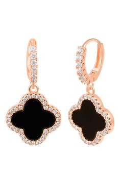 Easy-to-wear drop earrings will add significant polish to even your most casual ensembles. 3/8" drop; 3/8" width Snap-post closure 14k-gold plate or 14k-rose gold plate/enamel/glass Imported Elegant Black Tarnish Resistant Hoop Earrings, Elegant Black Tarnish-resistant Hoop Earrings, Nickel-free Rose Gold Earrings For Formal Occasions, Nickel-free Rose Gold Earrings For Formal Events, Rose Gold Nickel-free Earrings For Formal Events, Tarnish Resistant Black Dangle Jewelry, Black Tarnish Resistant Dangle Jewelry, Elegant Black Enamel Hoop Earrings Gift, Elegant Black Sterling Silver Hoop Earrings