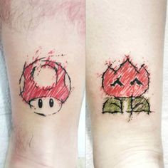 two tattoos on the legs of people with red and green ink that look like mushrooms