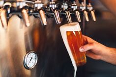 a person is holding a beer in front of a wall with many taps on it