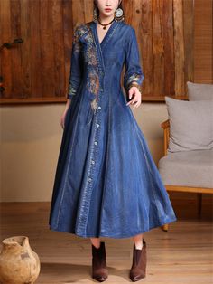 Description Product ID: DS2051227 Material: Denim Pattern: Embroidery Sleeve Length: 3/4 Sleeve Closure Type: Button Length: Below Knee Length Style: Fashion, Casual, Vintage Occasion: Party, Dating, Travel Package included 1 * Dress Size Chart (Asian Size): Please allow 1-3 cm measured error. Size Length Chest Sleeve Length Waist M 120cm | 47.2 in 92cm | 36.2 in 42.5cm | 16.7 in 76cm | 29.9 in L 120cm | 47.2 in 96cm | 37.8 in 43cm | 16.9 in 80cm | 31.5 in XL 120cm | 47.2 in 100cm | 39.4 in 43.5cm | 17.1 in 84cm | 33.1 in XXL 120cm | 47.2 in 104cm | 40.9 in 44cm | 17.3 in 88cm | 34.6 in 3XL 120cm | 47.2 in 108cm | 42.5 in 44.5cm | 17.5 in 92cm | 36.2 in Embroidered Bohemian Denim Dress, Bohemian Long Sleeve Denim Dress For Spring, Spring Bohemian Long Sleeve Denim Dress, Blue Embroidered Bohemian Denim Dress, Vintage Long Sleeve Blue Denim Dress, Blue Bohemian Embroidered Denim Dress, Embroidered Long Sleeve Denim Blue Dress, Long Sleeve Embroidered Denim Blue Dress, Embroidered Long Sleeve Denim Dress For Spring