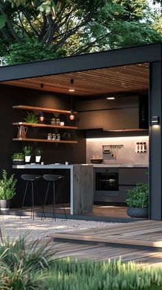 an outdoor kitchen and dining area is shown in this rendering, with wood flooring