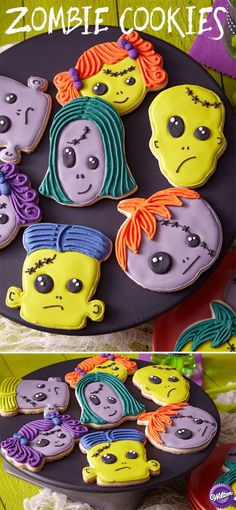 there are some decorated cookies with zombie faces on the top and bottom one is purple