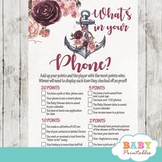 a baby shower game with an anchor and flowers on the front, which reads what's in your phone?