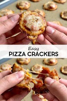 two pictures of pizza crackers being held up in front of the camera, with text overlay that reads easy pizza crackers