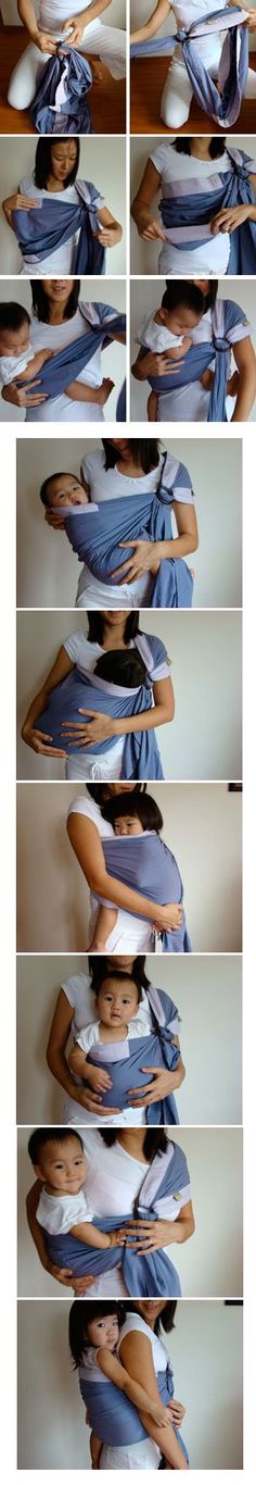 four different pictures of a woman wearing a blue shirt and white top with her hands on her hips