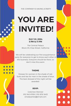 a colorful party flyer with the words you are invited on it and an abstract background