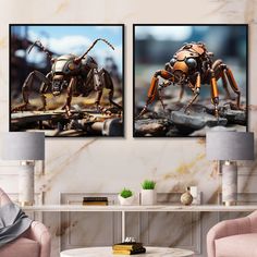 two pictures of a spider on the wall in a living room with pink chairs and a coffee table