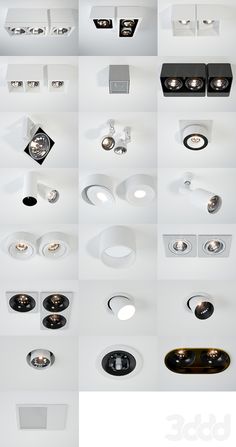 several different types of recessed lights on a white wall in various shapes and sizes