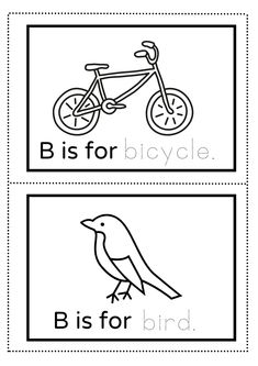 two pictures with the words b is for bicycle and bird on them, in black and white