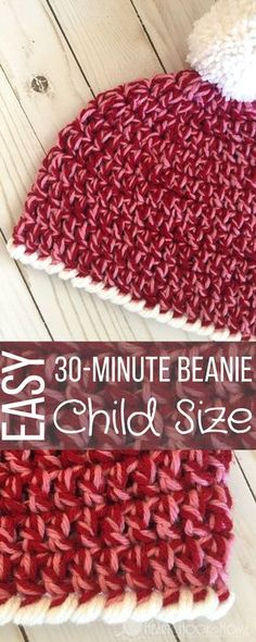 the crocheted beanie is shown with text overlay that says 30 - minute beanie child size