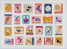 an assortment of stamps with animals and birds on them, all in different colors from pink to blue