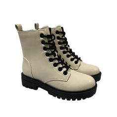 Soda Epsom Women's Off White Combat Style Boots These Have A Lace Up Front With A Side Zipper And A Chunky Black Platform. They Are Similar To Doc Martens Brand New In Box Multiple Sizes Available Perfect For A Festival Set, Rave Outfit, Dolls Kill Shoes, Demonia Lovers, Everyday Footwear, With 90s Grunge Clothing And More #Nwt #Summer #Punk #Goth #Alternative Trendy Cream Lace-up Boots, Trendy Beige Ankle-high Combat Boots, Beige Casual Combat Boots For Spring, Casual Beige Combat Boots For Spring, Trendy White Faux Leather Martin Boots, Casual Cream Faux Leather Boots, Trendy White Combat Boots With Round Toe, Casual Synthetic Combat Boots With Flat Heel, Trendy White Lace-up Boots With Flat Heel