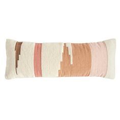 a rectangular pillow with multicolored stripes on the front and back, sitting on a white background