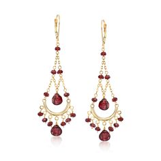 Ross-Simons - 22.00 ct. t. w. Garnet Chandelier Earrings in 14kt Yellow Gold. On-trend chandelier earrings sway with 22.00 ct. t. w. of stately burgundy garnets in this gorgeous design. This pair dangles with panache aplenty! Finely crafted in polished 14kt yellow gold. Hanging length is 2 1/4". Leverback, garnet chandelier earrings. Garnet birthstones are the perfect gift for January birthdays. Classic Chandelier Dangle Earrings With 17 Jewels, Round Chandelier Earrings In Fine Jewelry Style, Round Chandelier Earrings Fine Jewelry, Garnet Drop Earrings, Emerald Earrings Drop, Garnet Birthstone, Garnet Heart, Garnet Earrings, Garnet Rings