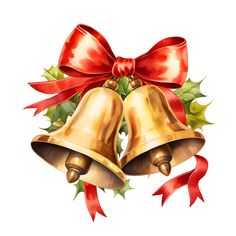 two golden bells with red ribbon and holly leaves on white background for christmas greetings