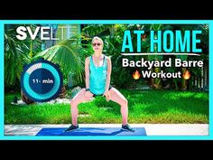 a woman standing on top of a blue mat in front of a palm tree with the words at home backyard barrel workout