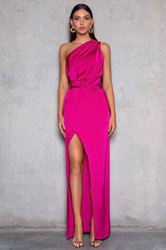 Wenona Dress - Fuchsia One-shoulder Ruched Satin Evening Dress, Satin Gown With Side Slits And Floor-length, Satin Cocktail Dress With Side Slits, Cocktail Satin Dress With Side Slits, Party Gown With Asymmetrical Neckline And Satin Finish, Party Gown With Satin Finish And Asymmetrical Neckline, Asymmetrical Neckline Prom Dress With Satin Finish, Pink Satin Dress With Asymmetrical Neckline, Glamorous Satin Dress With Side Slits