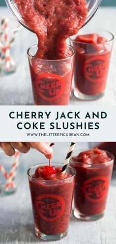 cherry jack and coke slushies are being poured into small glasses with strawberries