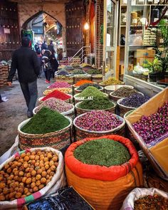 many baskets filled with different types of food