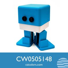 a blue and white robot with black eyes on it's head is standing in front of a business card