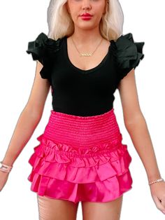 Chic Pink Tiered Bottoms, Feminine Ruffled Skirt For Night Out, Feminine Ruffle Skirt For Night Out, Chic High Waist Mini Skirt With Ruffles, Flirty Ruffled Skirt, Feminine High Waist Ruffled Mini Skirt, Pink Fitted Tiered Mini Skirt, High Waist Ruffled Mini Skirt, Fitted Tiered Mini Skirt In Pink