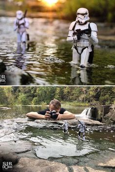 two pictures of people in the water and one has a storm trooper on his back