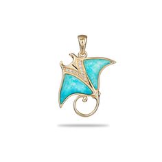 Sealife Manta Ray Turquoise Pendant in Gold with Diamonds - 21mm Luxury Turquoise Pendant Jewelry, Turquoise Fine Jewelry With Polished Finish, Luxury Turquoise Jewelry With Diamond Accents, Turquoise Diamond Pendant Jewelry, Trip To Maui, Manta Ray, Arizona Turquoise, Diamonds And Gold, Sealife