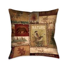 a decorative pillow with an image of animals and trees on the front, along with words that read nature