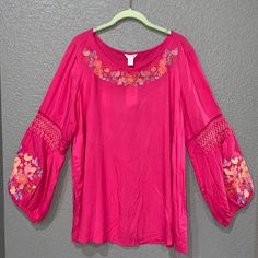 Size 2x Intro. Top Women’s 100% Rayon Embroidered Peasant Top Size 2x New Hot Pink Fuschia Boat Neck Puff Sleeves Smock Trim Detail Boho Chic Peasant Top New With Tag See Pics For Additional Details Length 28” Across Chest 24.5” All Measurements Are Flat Lay And Approximate Bundle 2 Or More Items And Save Additional Spring Pink Embroidered Blouse, Casual Summer Peasant Top With Embroidered Sleeves, Spring Embroidered Pink Blouse, Pink Blouse With Embroidered Neckline For Spring, Pink Long Sleeve Rayon Blouse, Pink Bohemian Style Embroidered Top For Spring, Spring Pink Bohemian Embroidered Top, Pink Rayon Vacation Blouse, Pink Rayon Blouse For Vacation